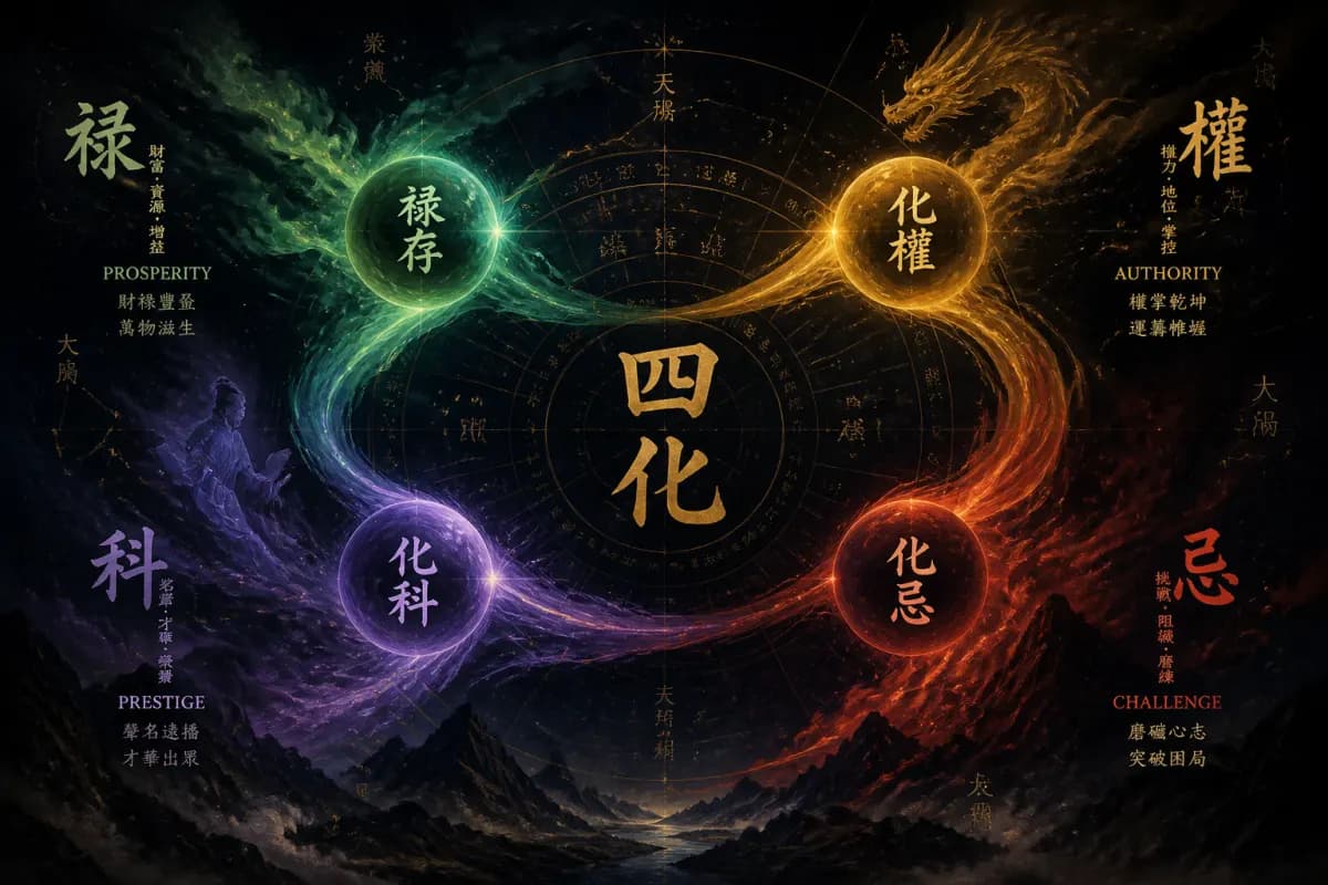 紫微四化星示意图,以禄权科忌四色能量环绕主星