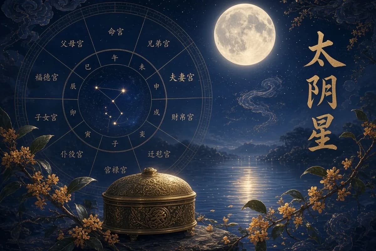 太阴星示意图,明月映水,旁有金匣与紫微命盘