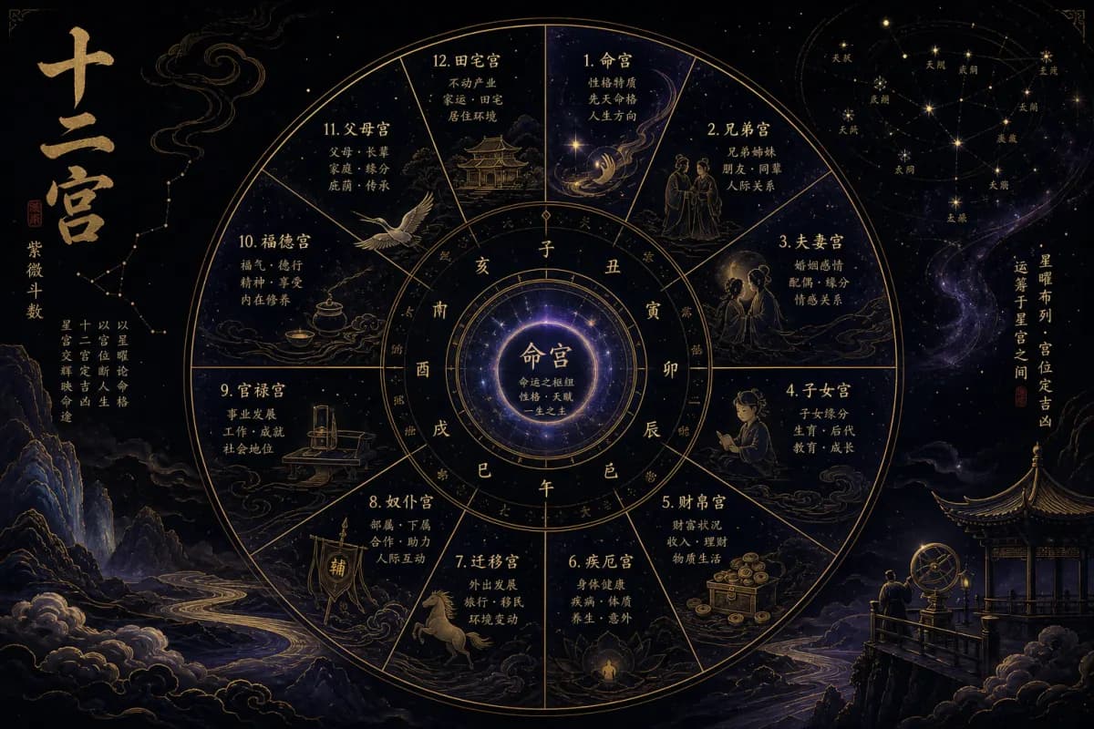 紫微斗数十二宫环形命盘示意图,展示命宫与其余十一宫的人生领域划分
