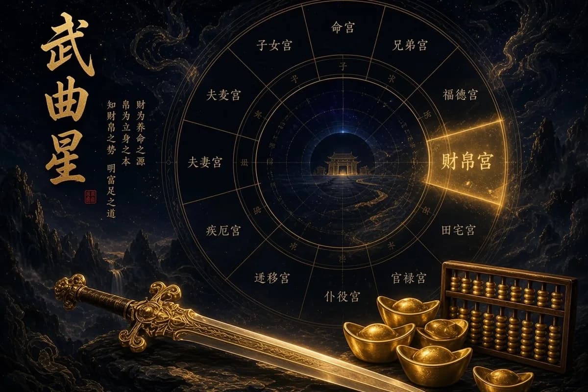武曲星示意图,金剑、元宝与算盘旁的紫微财帛命盘