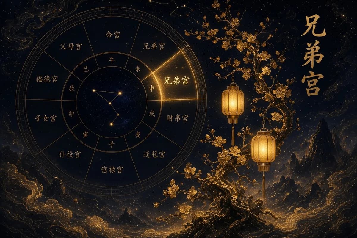 紫微兄弟宫命盘示意图,高亮兄弟宫,旁有同根梅枝与两盏宫灯