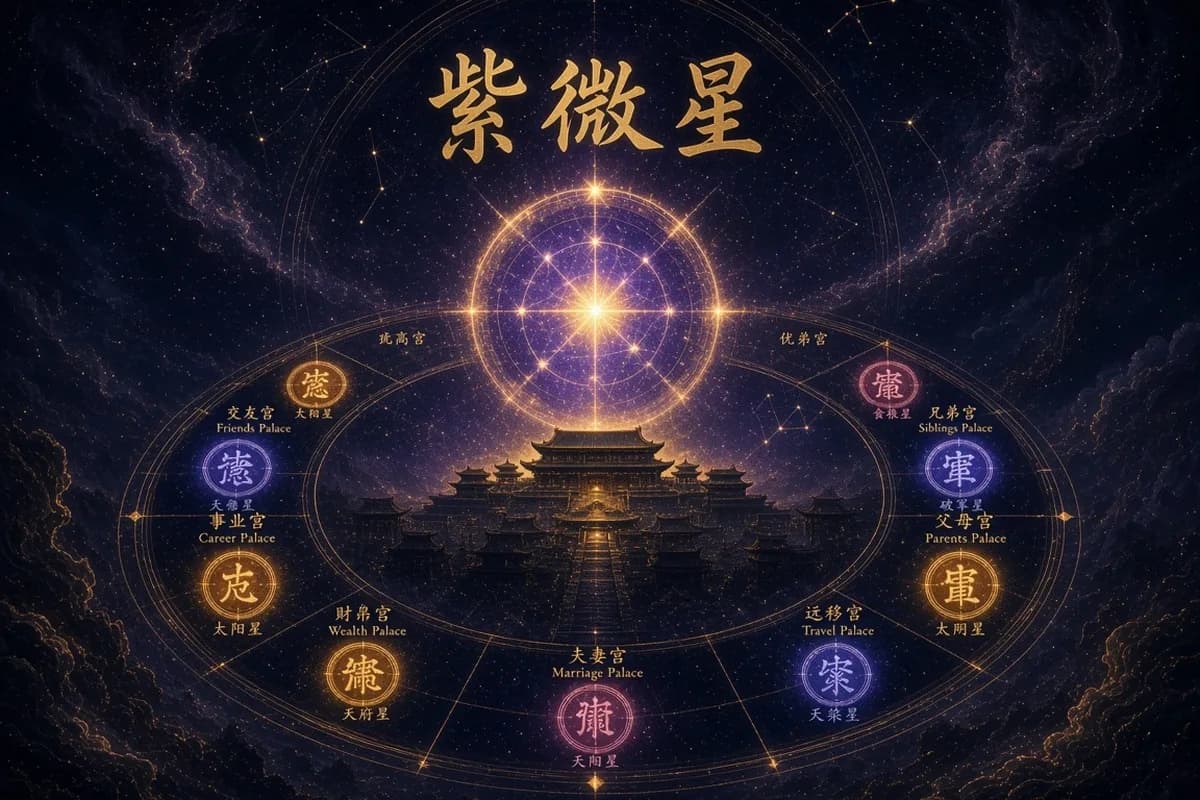 紫微星示意图,帝星紫金光芒照在宫阙与周天星盘之上